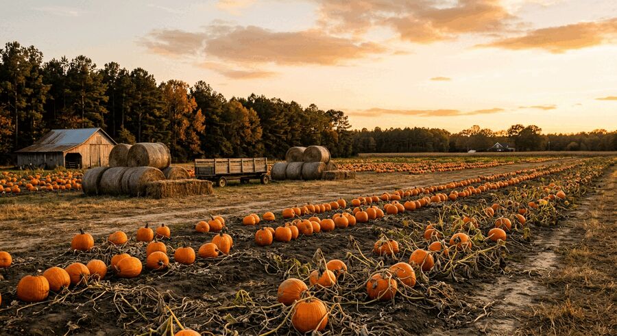 Hay bales and pumpkins at a fall farm