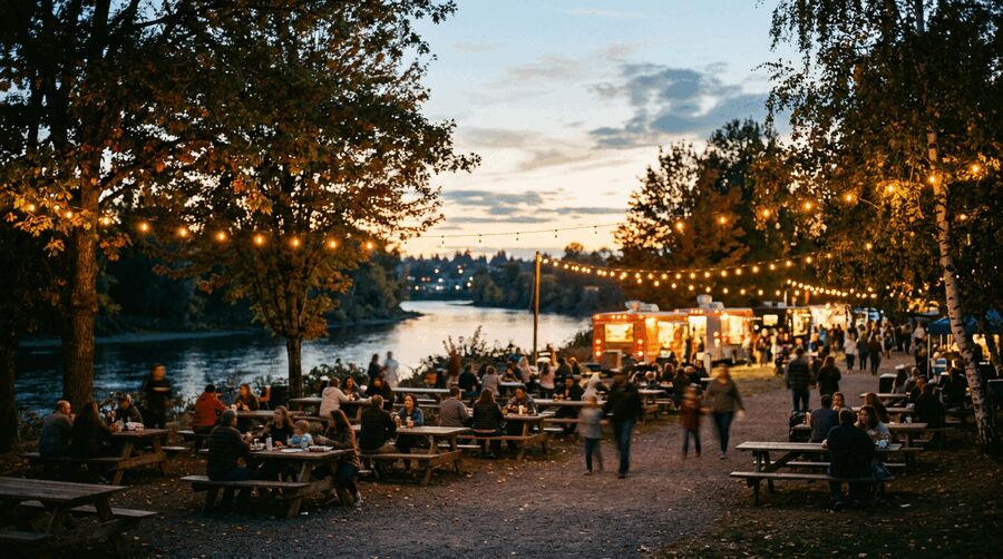 Crowds and food stalls at a waterfront festival