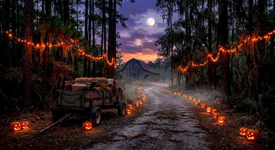 A haunted hayride trail lit up at night