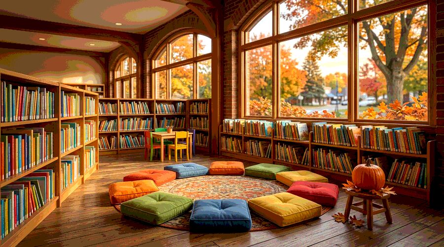Shelves of books in a public library