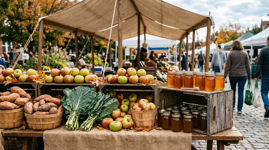 Produce stands at an open-air farmers market