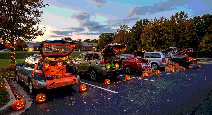 Decorated car trunks at a trunk-or-treat