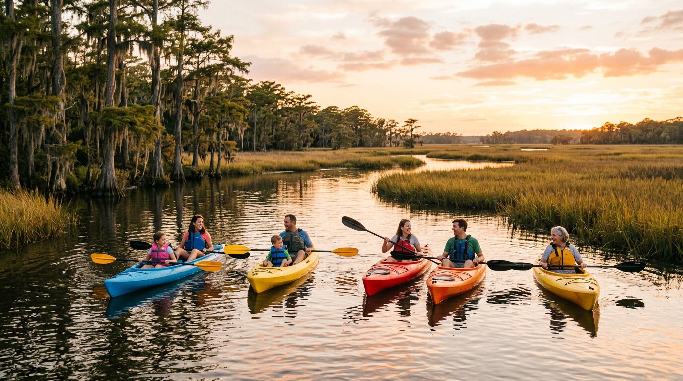 Kayakers paddling a calm river at sunset