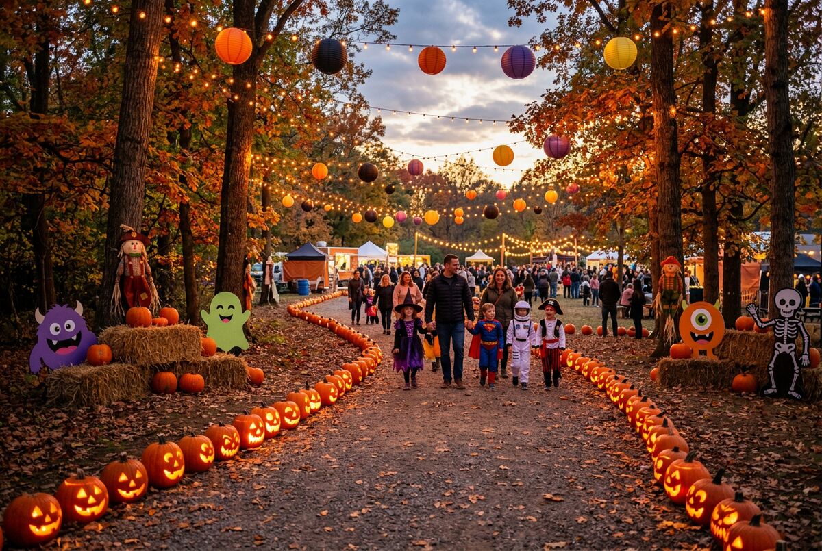 Families in costume at a Halloween night in the park