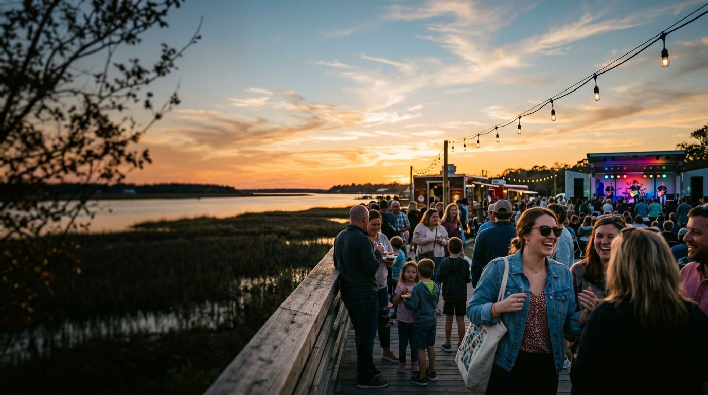 Neighbors laughing at an evening riverfront festival