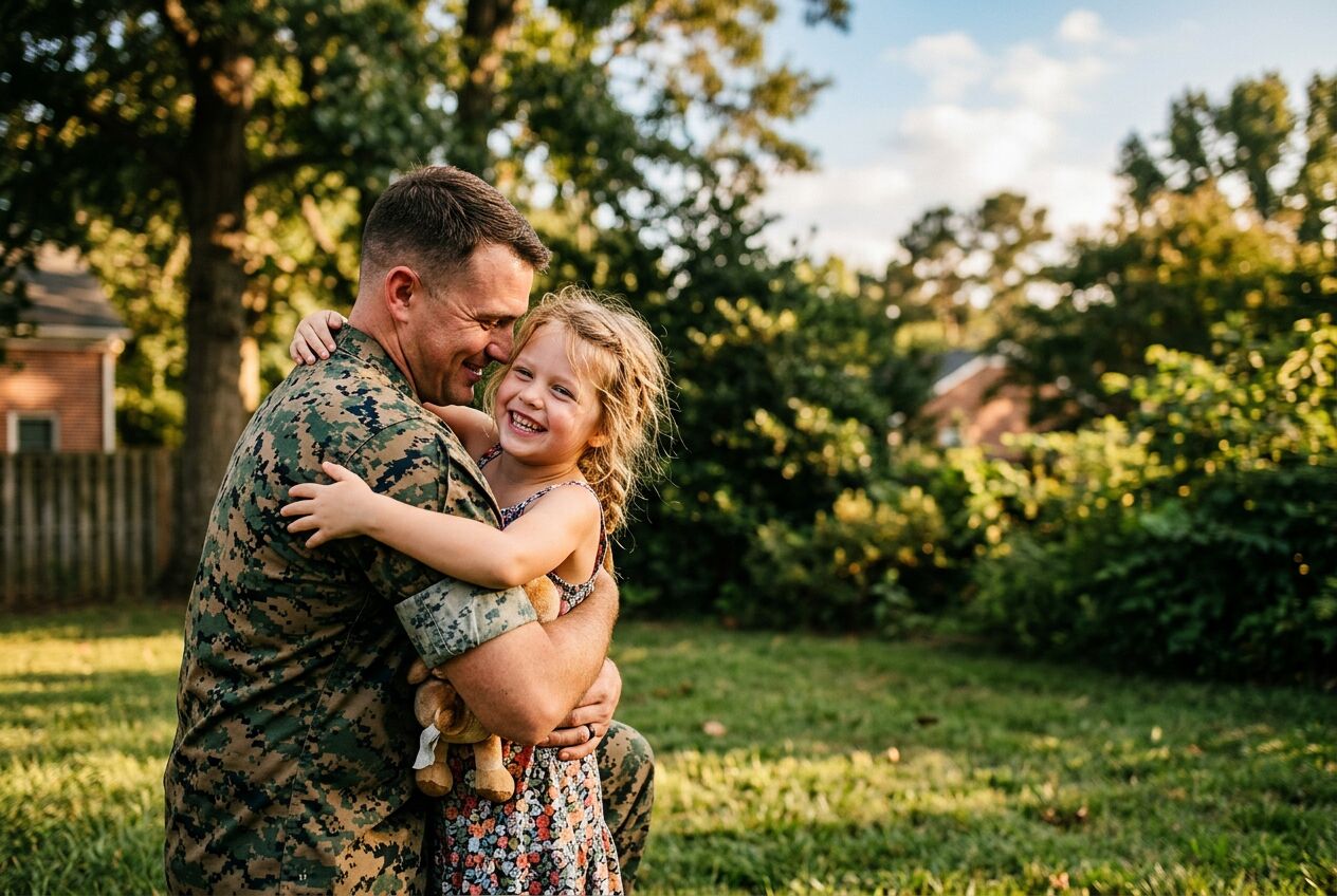 A service member in camouflage hugging a smiling child