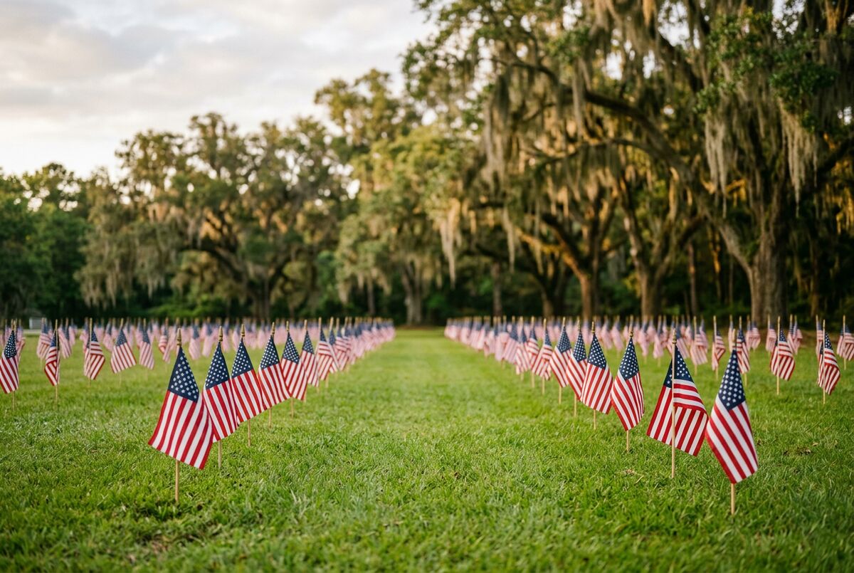 Rows of American flags at a memorial park