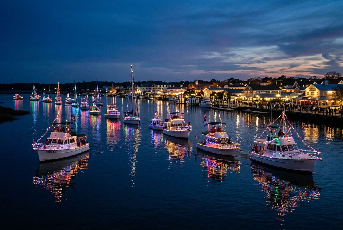 Boats strung with holiday lights on the water at night