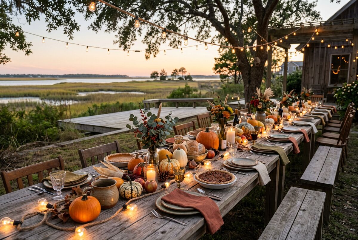 A long harvest table set for a shared meal