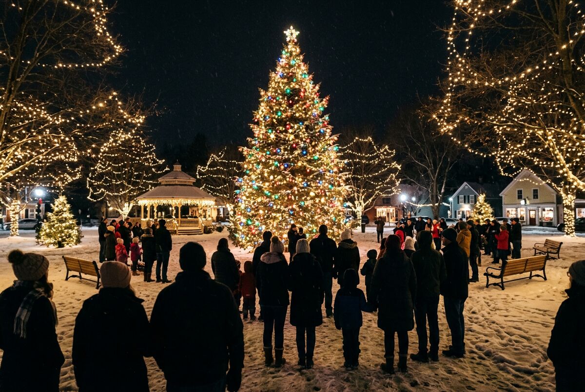 A town Christmas tree lit up at night